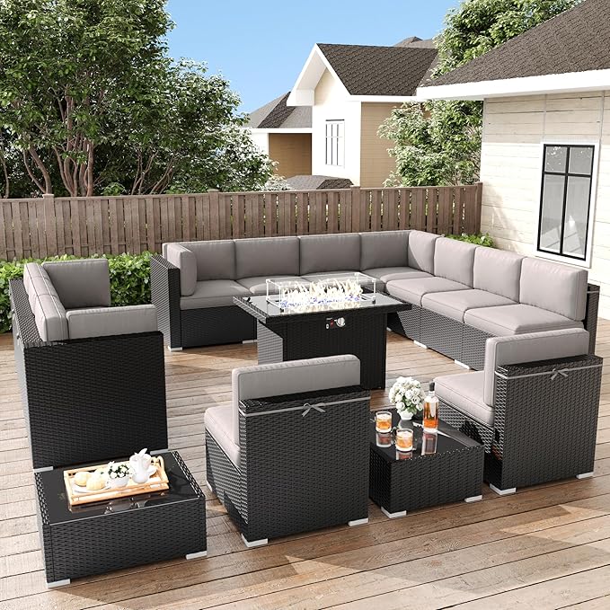 LayinSun 15 Pieces Patio Furniture Set with Fire Pit Table, Black Rattan Modular Sectional Patio Conversation Sofa Set
