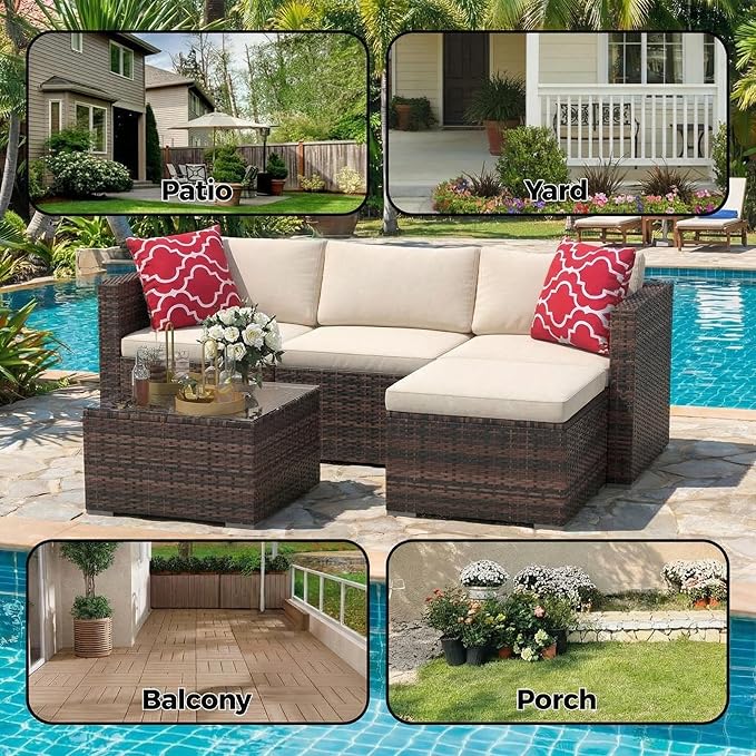 5-Piece Patio Sectional Sofa Set, All-Weather Brown PE Rattan Outdoor Conversation Furniture with Neutral-Tone Cushions, Glass Coffee Table & Footstool, Modular Design for Garden, Porch, Balcony, Pool
