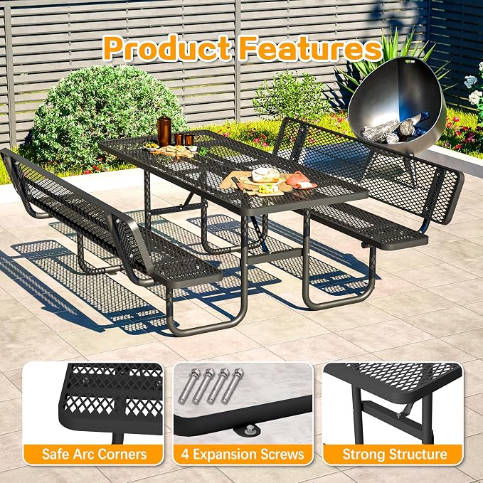 79" Rectangular Metal Picnic Table with Backrest, 1.73" Umbrella Hole, Heavy-Duty Rust Resistant Steel Mesh Table Set, Smooth Rounded Corner Design for Yard, Park, Beach & BBQ, Black