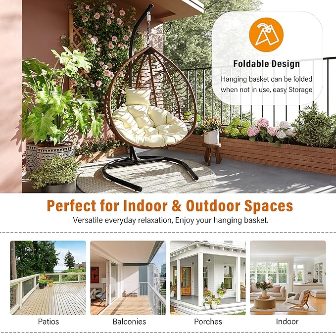 Folding Egg Chair, Outdoor Hanging Hammock Chair with Stand, Patio Wicker Hanging Chair with Iron Frame and Plush Cushion & Removable Headrest for Bedroom, Balcony, Garden (BrownBeige-A)