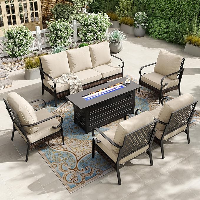 HERA'S HOUSE 6 Piece Metal Patio Furniture Set with 56" Fire Pit Table, All Weather Outdoor Conversation Set, 3 Seat Sofa, 4 Fixed Chairs with Cushions, Seats 7 for Backyard, Garden, Deck, Beige