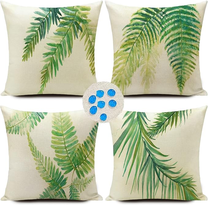 HUASHUZI Green Outdoor Pillow Covers Leaf Plant Throw Pillow Case Outdoor Waterproof Tropical Garden Cushions 18x18 Inch Set of 4 Patio Furniture Pillows Decorative for Home Sofa Couch