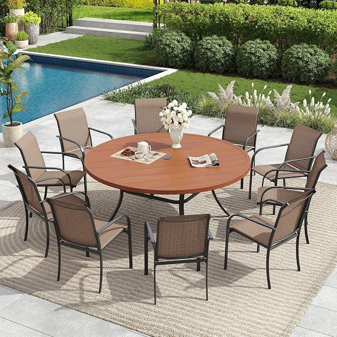 9 Pieces Patio Dining Set, 53" Round Dining Table with Umbrella Hole, 8 Stackable Textilene Fabric Chairs, Metal Structure for Patio, Porch, Garden(Walnut Table, Brown Chair)