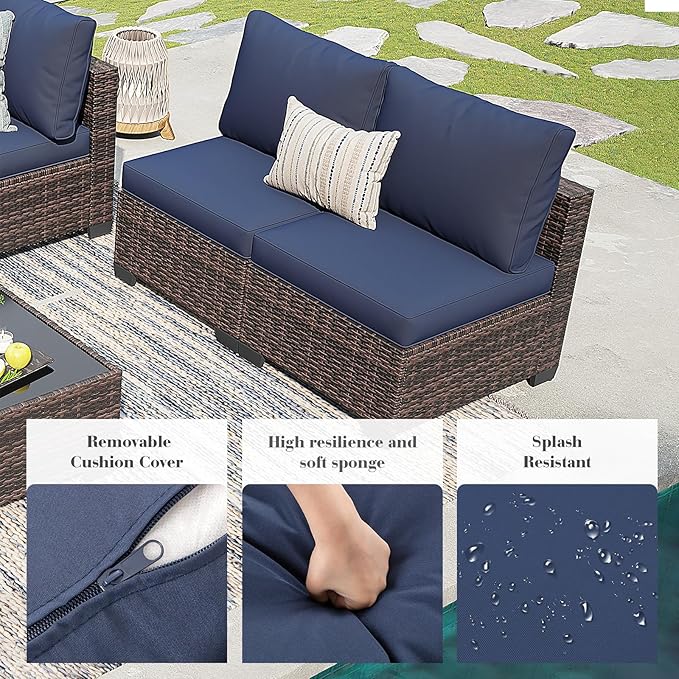 7 Pcs Patio Furniture Set, All Weather Outdoor Sectional Set, Wicker Outside Furniture Patio Sofa Set for Backyards, Porch, Poolside, Garden, Balcony (Brown & Blue)