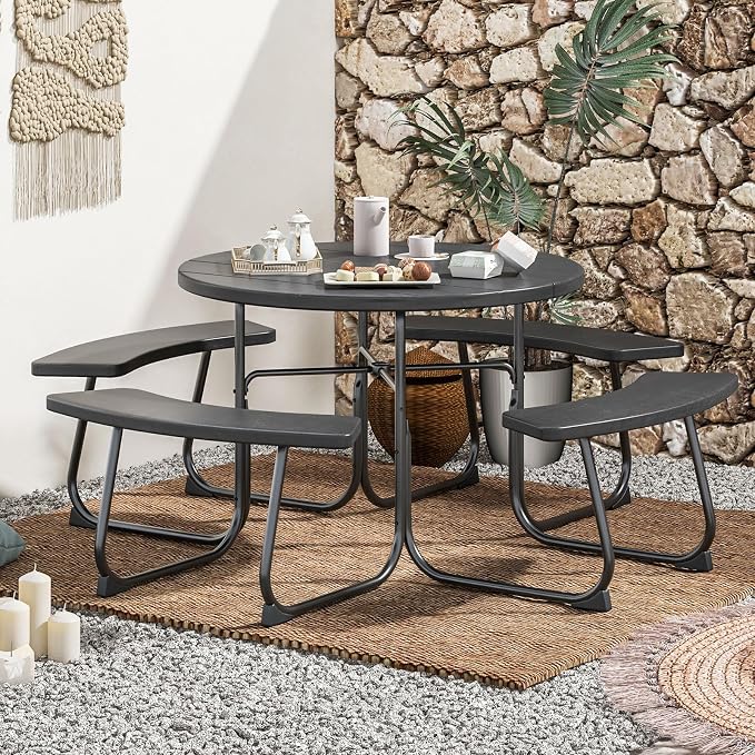 COSTWAY Round Picnic Table with Umbrella Hole, Outdoor Picnic Table with Bench Set for 4-8 People, HDPE Tabletop, Patio Dining Furniture Set for Family Gatherings, BBQ Party, Backyard (Black)