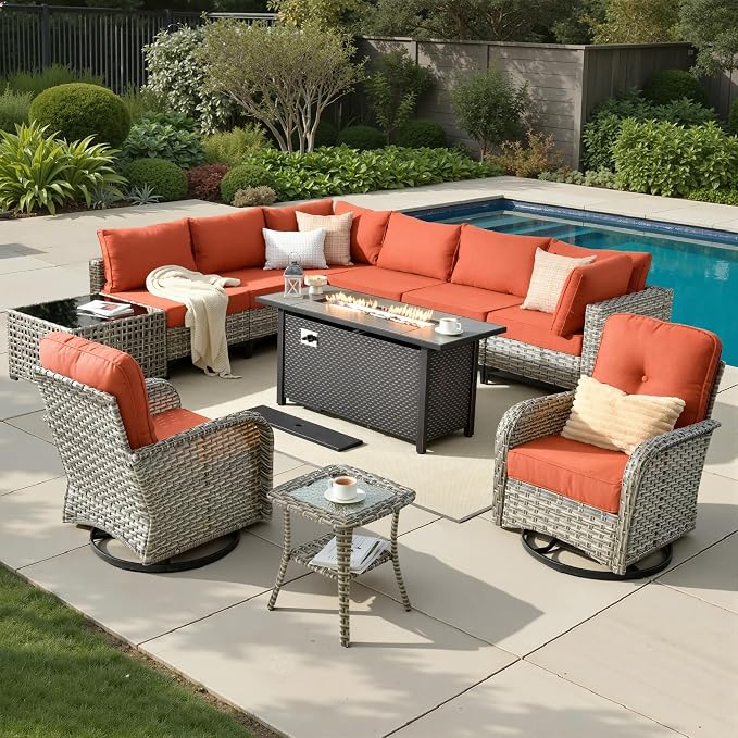 11 Pieces Patio Sectional Furniture Set, Outdoor Wicker Sectional Couch with Firepit Swivel Rocker Chairs Solar Lights Table, Modern Conversation Set for Porch Balcony Backyard, Red