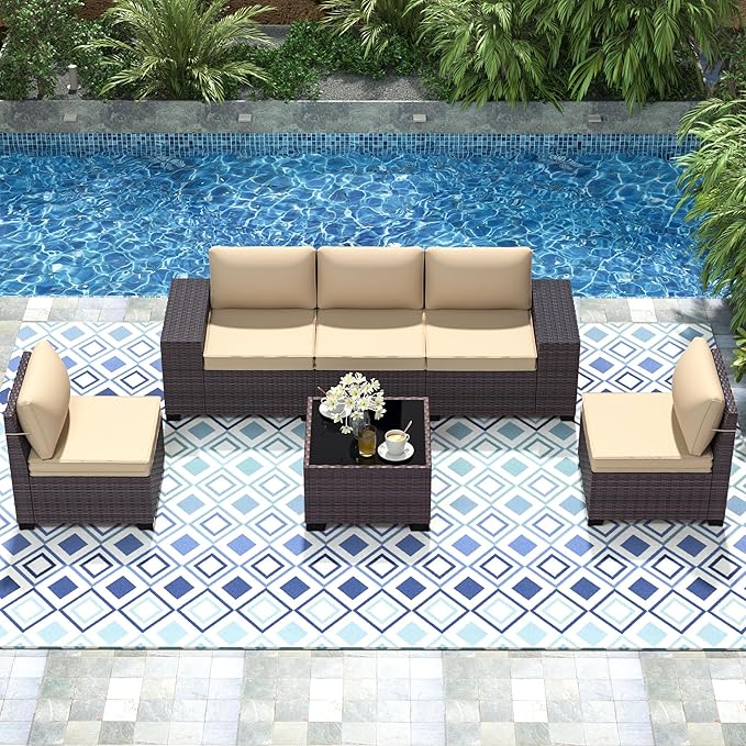 Patio Furniture Set 6 Pieces Outdoor Sectional Sofa Set,PE Rattan Wicker Patio Conversation Set with Thickened Cushions and Glass Coffee Table,Sand