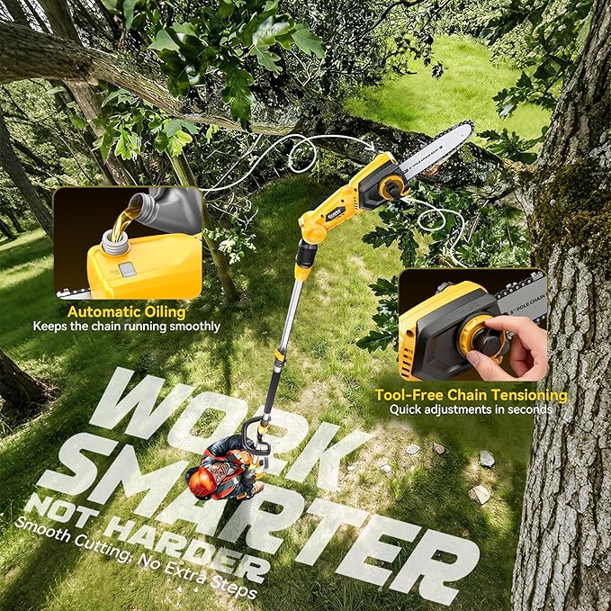 Ecarke Electric Pole Saw Compatible with Dewalt 20V, 16FT Max Total Reach, 8 Inch Detachable Tree Cutter, Electric Chainsaw Trimmer, 26ft/s Cutting Speed Pruner for Branch Pruning (Tool Only)