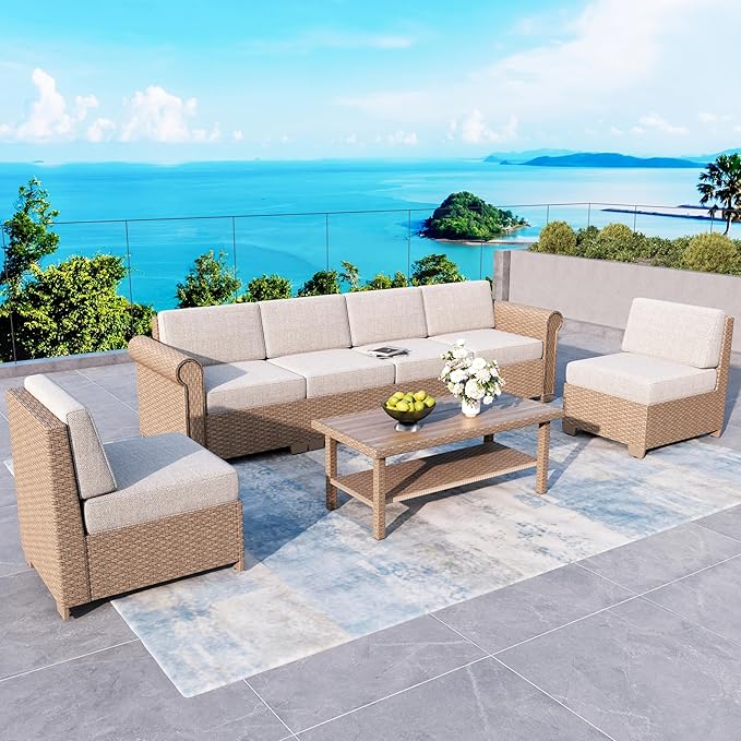 Patio Furniture Set 7 Piece, Wicker Rattan Sectional Sofa Couch with 5.5" Thick Waterproof Cushions and Coffee Table, All weather Modular Outdoor Conversation Set for Lawn Backyard and Deck, Beige