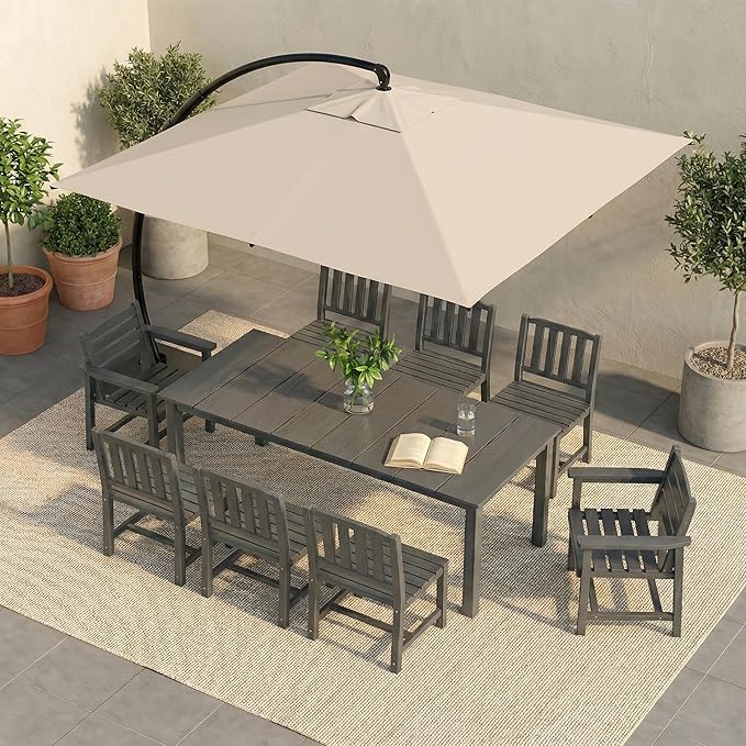HDPE Outdoor Dining Set for 8, 9-Piece Outdoor Dining Table Set with 11FT Cantilever Umbrella, Patio Table and Chairs Set with Aluminum Frame & Legs (Gray)