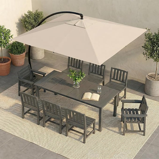 HDPE Outdoor Dining Set for 8, 9-Piece Outdoor Dining Table Set with 11FT Cantilever Umbrella, Patio Table and Chairs Set with Aluminum Frame & Legs (Gray)