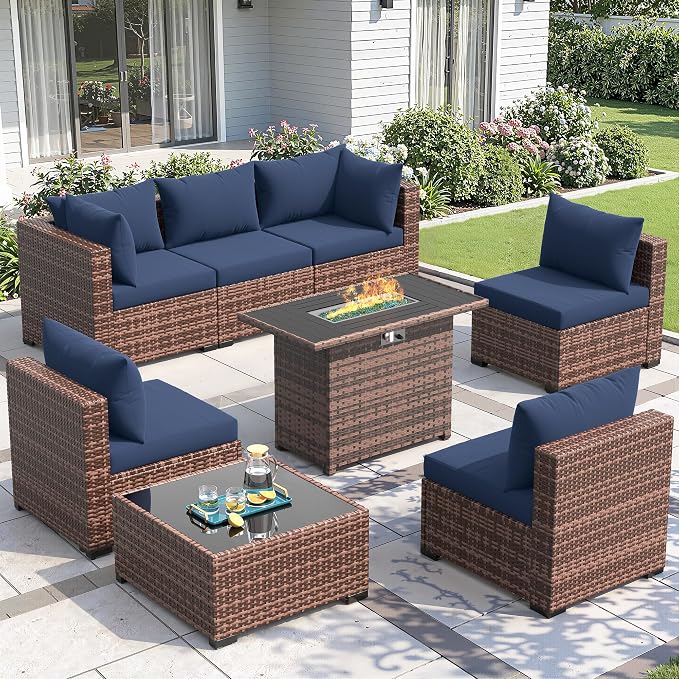 Amopatio 8 Pieces Patio Furniture Set with Fire Pit Table, All-Weather Outdoor Sectional, Wicker Conversation Sofa for Garden, Backyard, Porch, Balcony(Navy Blue)