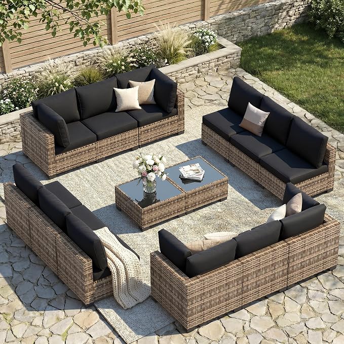 FHFO 14 Piece Outdoor Wicker Patio Furniture Set, Yellow/Black | Sectional Sofa | All-Weather Hand-Woven Rattan | Tempered Glass Coffee Table | Free Combination | Indoor & Outdoor Use