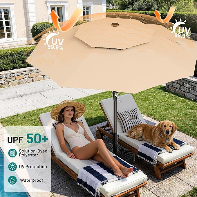 AreShark 10ft 2 Tiers Patio Umbrella - Outdoor Umbrella Waterproof UV Protection, Market Table Umbrella w/Push Button Tilt&Crank for Pool, Porch, Garden(Beige)