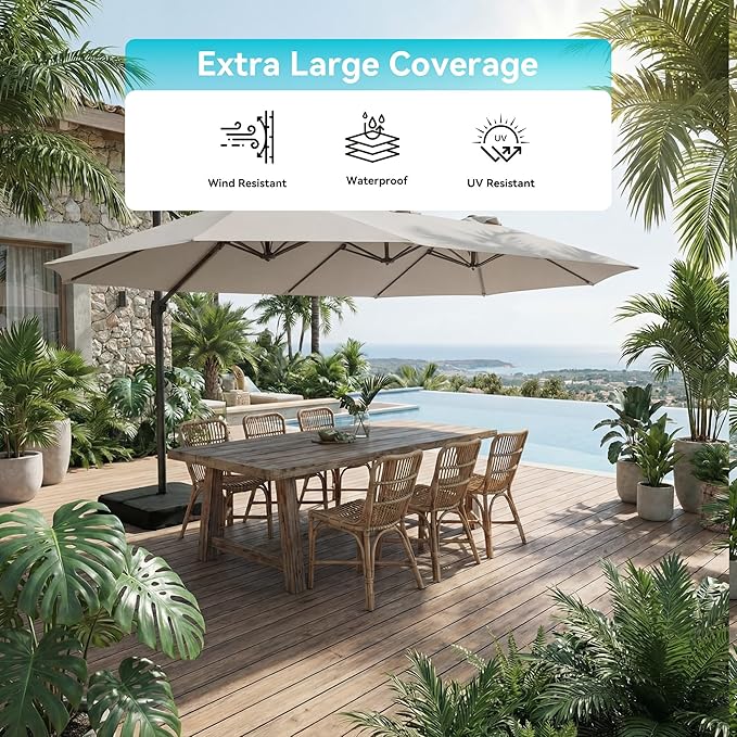 COSIEST 8 * 13FT Cantilever Patio Umbrella with Base,Large Rectangle Offset Umbrella，Heavy Duty Double-Sided Table Market Umbrella for Garden, Pool, Deck Shade, Beige
