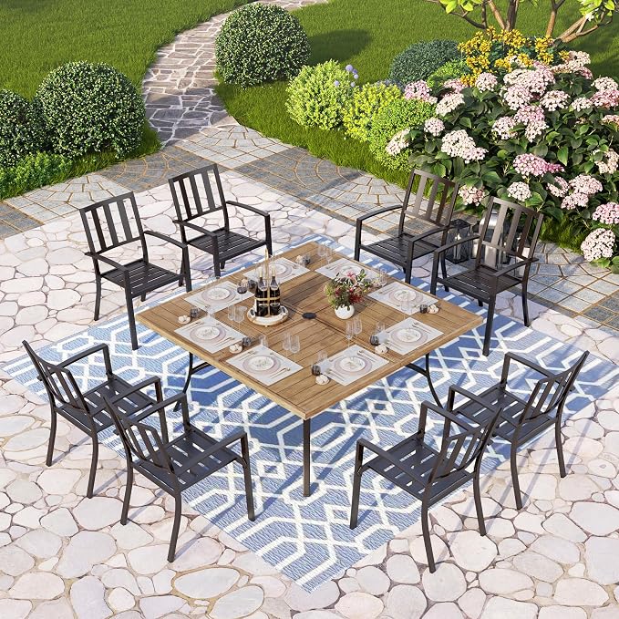 PHI VILLA Outdoor Dining Set for 8,57.5" Wood-Like Metal Table | Brown Square Metal Steel Table&Stackable Wrought Iron Chairs,Patio Furniture Set for Patio, Deck, Yard, Porch