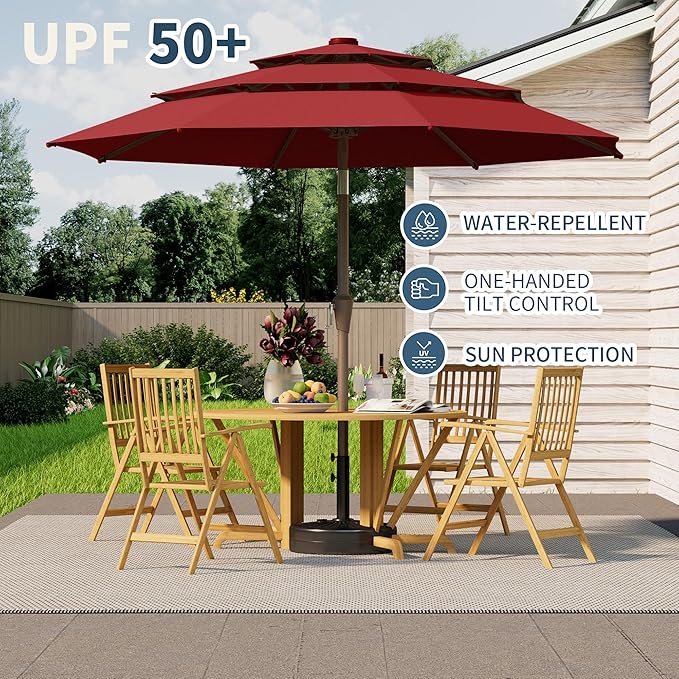 9FT 3 Tiers Patio Umbrella With Auto Tilt And Crank, Outdoor Table Market Umbrella with 8 Sturdy Ribs for Garden, Lawn, Deck, Backyard and Pool