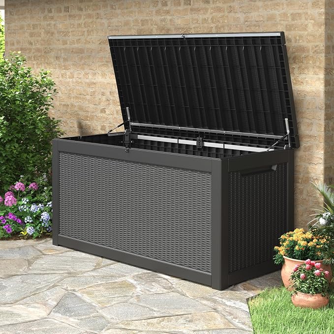 KAMABOKO 330 Gallon Outdoor Storage Box, Resin Large Deck Box Outdoor Waterproof Storage Bench with Lockable Lid for Patio Cushions, Garden Tools, Package Delivery, Pool Supplies, Black