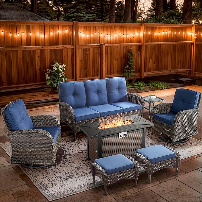 7 Piece Patio Furniture Set with Fire Pit Table - Wicker Patio Conversation Set with Swivel Glider, 3 Seat Sofa, Side Table and 2 Ottomans for Deck Backyard - Brown Wicker Blue Cushion