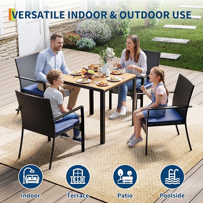 5 Piece Patio Dining Set, Wicker Outdoor Table and Chairs with Umbrella Hole ＆ Soft Cushion, Patio Furniture Set for Backyard, Garden, Poolside, Deck - Black＆Blue