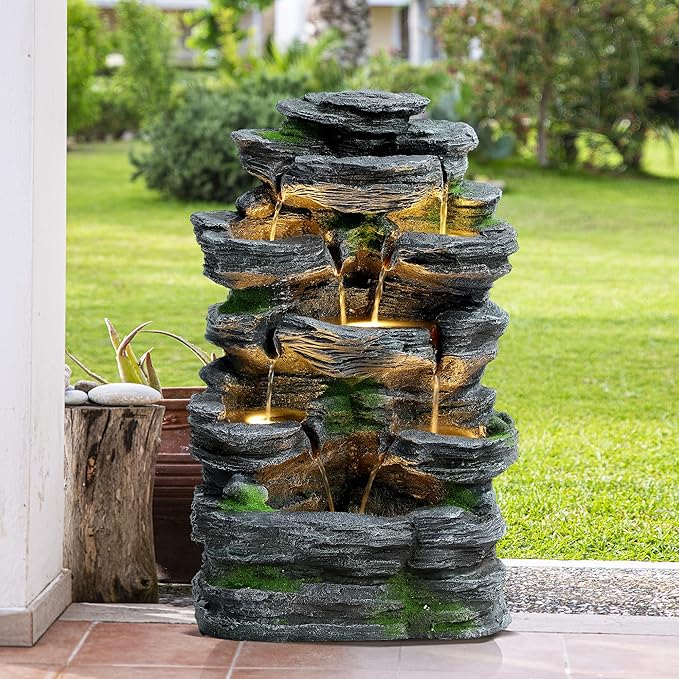 Outdoor/Indoor Water Fountain with LED Lights and Pump, 7-Tiers Cascading Rock Garden Fountains Waterfall, Freestanding Resin Fountain with Natural Stone Look for Patio, Garden, Porch (24" H)