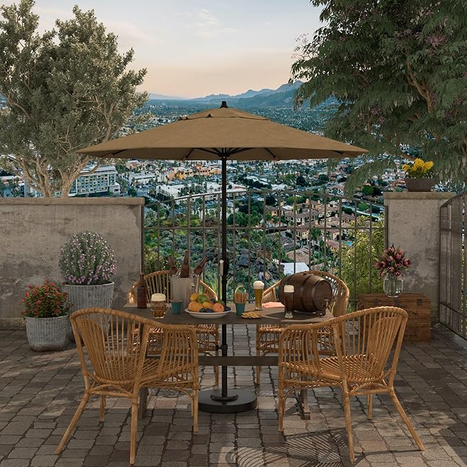 California Umbrella 7.5' Rd Aluminum Patio Umbrella, Crank Lift, Auto Tilt, Black Finish, Champagne