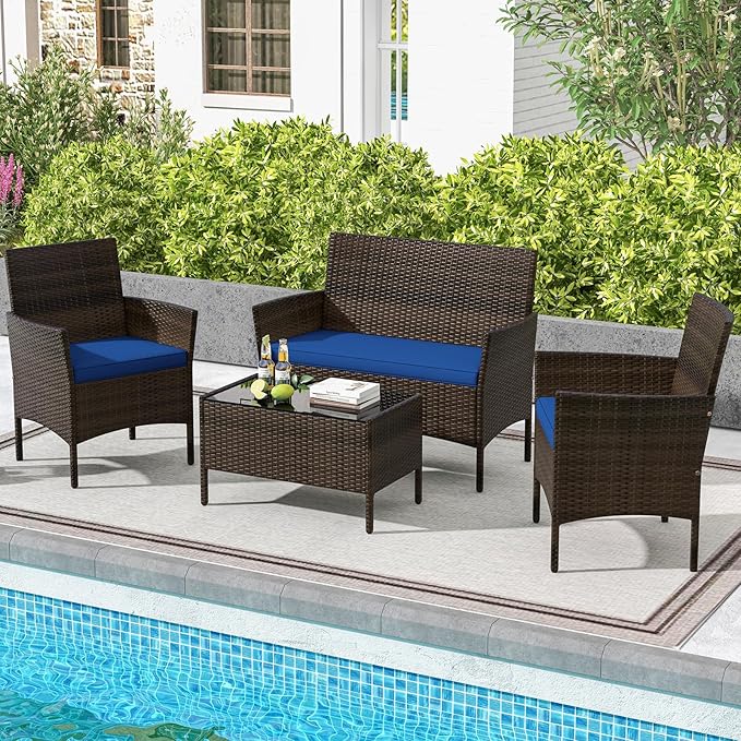 DORTALA 4-Piece Rattan Patio Furniture Set, Outdoor Table & Chair Set with Tempered Glass Coffee Table, Cushion, Wicker Conversation Set for Garden, Lawn, Poolside and Backyard, Navy
