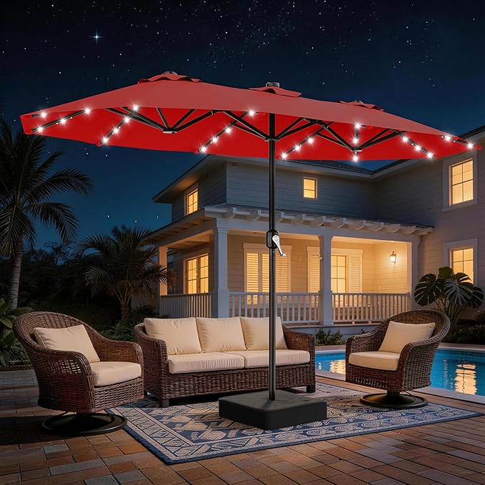 AreShark 13 FT Patio Umbrella with Solar Lights, Double-Sided Outdoor Table Umbrellas with Crank, Large Rectangular Market Umbrella for Porch, Lawn, Pool, Backyard, Red