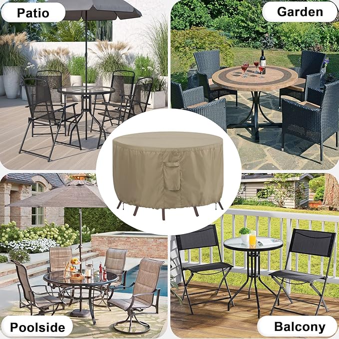 OutdoorLines Outdoor Waterproof Patio Table Furniture Set Covers - Round Couch Sectional Cover Outside Weatherproof Patio Furniture Covering for Deck, Lawn and Backyard 96" DIA x 28" H, Camel
