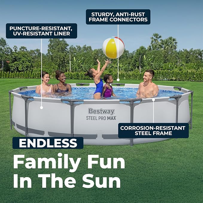 Bestway Steel Pro MAX 12' x 30" Above Ground Pool, Round Metal Frame Outdoor Swimming Pool Set with Filter Pump & Type III A/C Cartridge, Gray