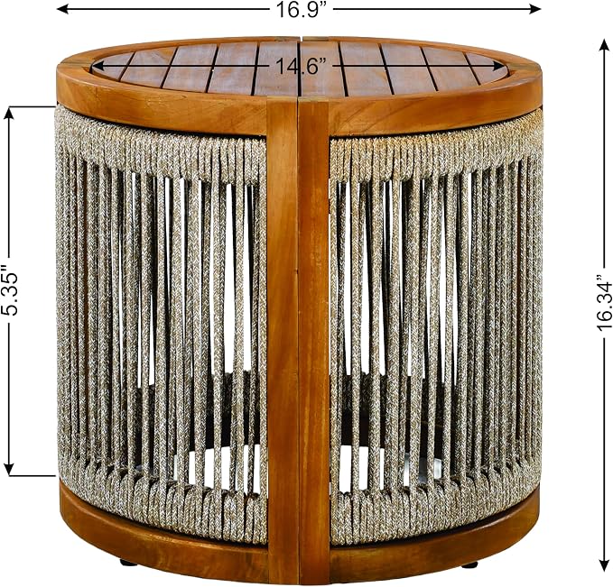 GDFStudio 16.9" Acacia Wood Outdoor Side Table, Patio Accent Table with Handwoven Rope Details, Slatted Design, Boho Minimalist Style, Durable Small Coffee Table for Balcony, Garden, Porch