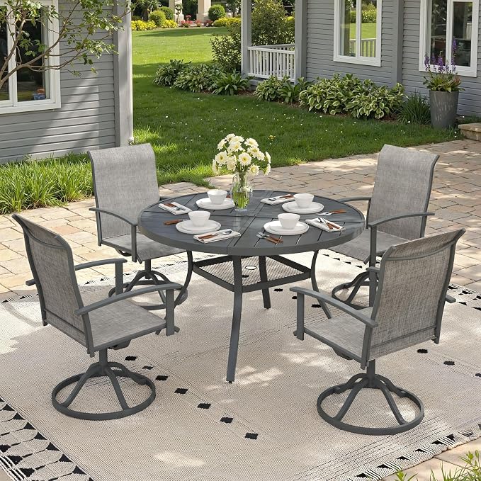 5 Pieces Round Outdoor Table and Chairs Set, Patio Dining Set with 40.6" Round Spliced Outdoor Table and Patio Swivel Chairs for Backyard Lawn Garden, Dark Grey Table and Grey Chairs