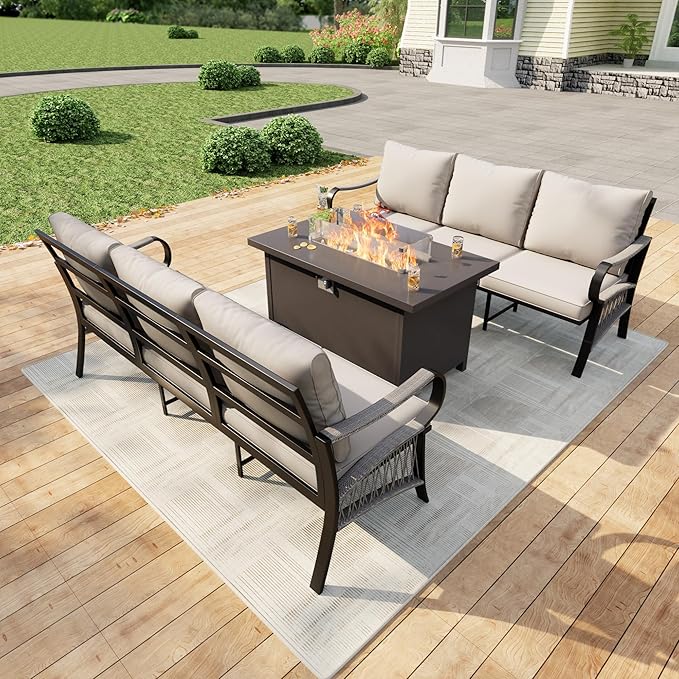 3 Pieces Outdoor Patio Conversation Sets, Outdoor Furniture Set Metal 2 Three-Seater Sofas with Fire Pit Table for Backyard Deck Porch Poolside, Beige