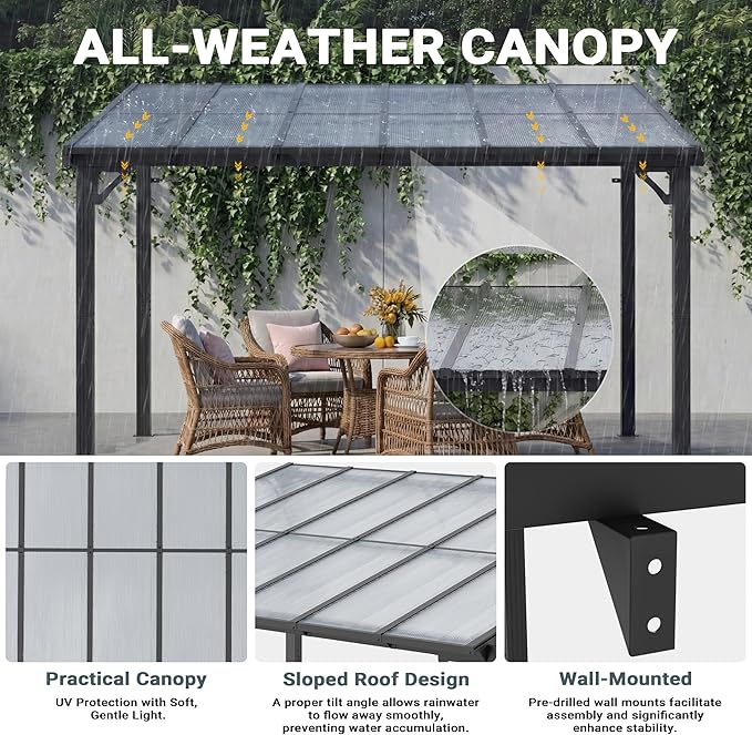 AirWire 10x12 FT Gazebo,Wall Mounted Gazebo Awnings with Polycarbonate Roof on Clearance, Patio Covers for Shade and Rain, Lean to Gazebo Hardtop Pergolas for Patios, Decks, Backyard