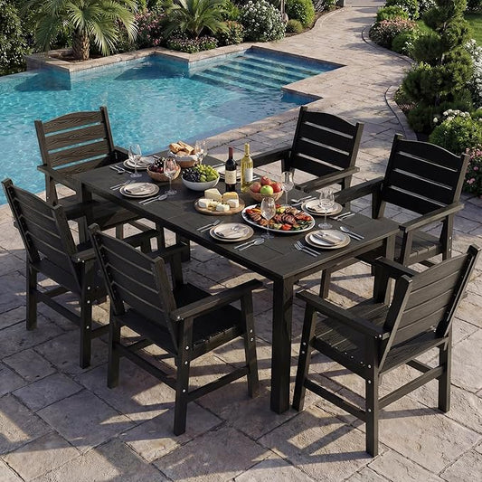 YEFU Patio Dining Sets HIPS: 7-Piece All-Weather Outdoor Table and Chairs with Umbrella Hole - Easy Assembly Patio Dining Set for 6 Modern Outside Furniture for Homeowners with Deck/Pool Black