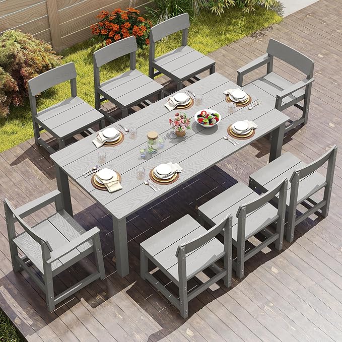 Jocoevol 9 Piece Patio Dining Sets for 8 HIPS Outdoor Dining Table Set with Umbrella Hole Table and 8 Chairs Furniture for Backyard Poolside Garden, Grey