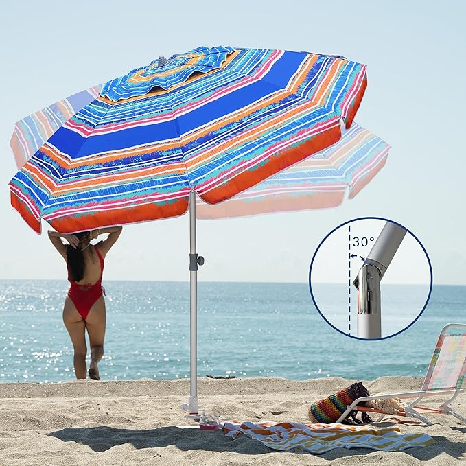 AMMSUN 7ft Beach Umbrella with Sand Anchor Portable Outdoor Patio Sun Shelter UPF50+ Protection & Tilt Aluminum Pole Air Vent with Carry Bag for Beach Patio Garden Outdoor Multicolor Blue