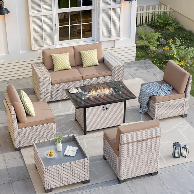 7-Piece Outdoor Patio Furniture Set with Fire Pit, Modular Sectional Sofa Set with Glass Coffee Table and Cushions, Wicker Outdoor Couch Conversation Sets, Khaki