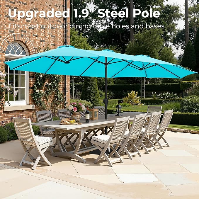 SUPERJARE 15FT Outdoor Patio Umbrella with Base Included, Double Sided Pool Umbrellas with Fade Resistant Canopy, Extra-Large Table Umbrella for Deck, Market, Backyard, Light Blue