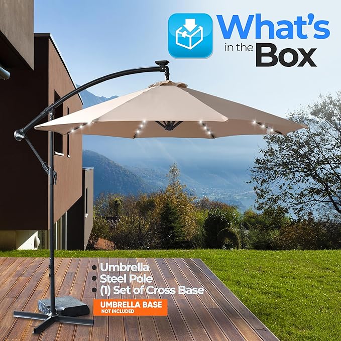 SereneLife 10ft Patio Table Umbrella, 6 Sturdy Ribs with Push Button Tilt and Solar LED Lights, Easy Close Open Crank, Outdoor Furniture for Garden Lawn Deck Pool Beach, Cross Base Included