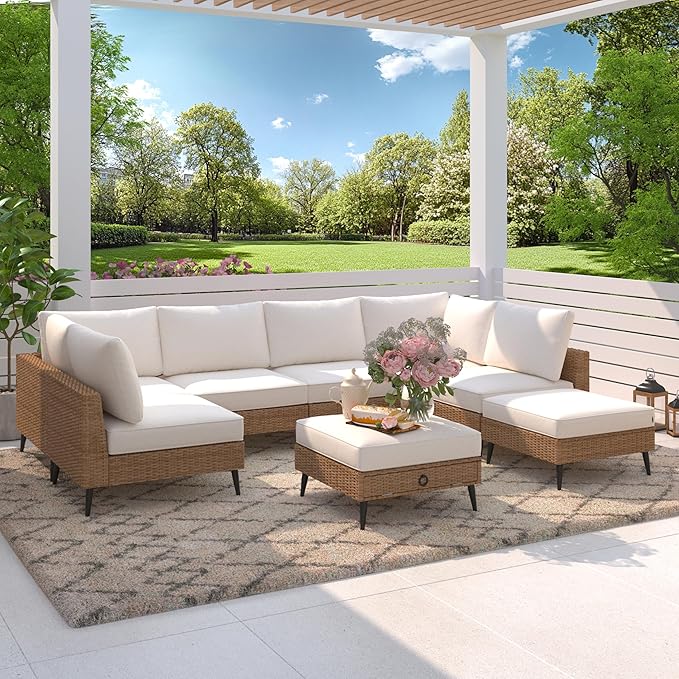 LVUYOYO 8 Pieces Outdoor Patio Furniture Set, Wicker Sectional Sofa Set for All-Weather, Rattan Conversation Sets with Cushions and Storage for Deck, Backyard, Porch (Khaki)