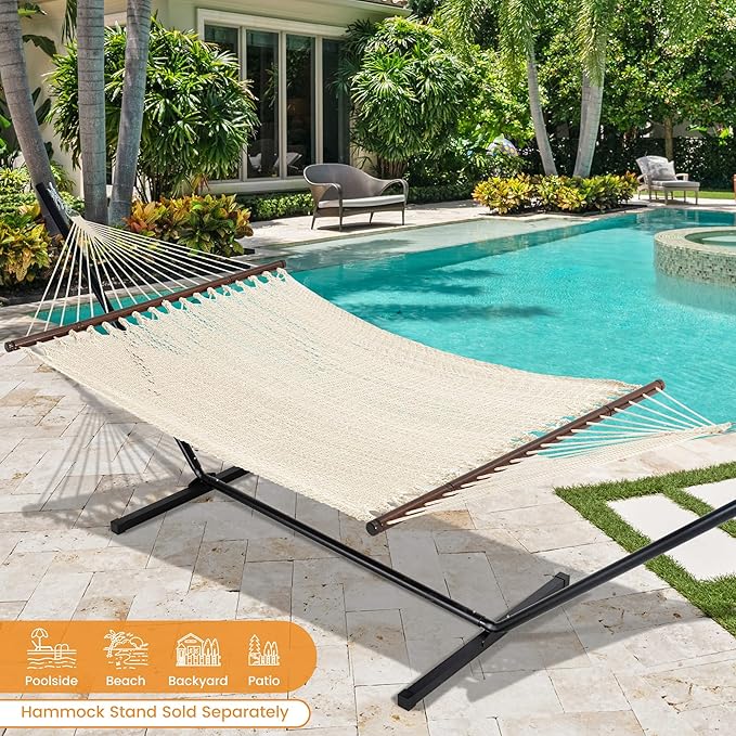 Lazy Daze Hammocks 13 FT Extra Large 2+ Person Caribbean Rope Hammock, Hand Woven Polyester XL Hammock with Spreader Bars, for Outside Outdoor Backyard Patio Poolside, 500 LBS Capacity, Gream