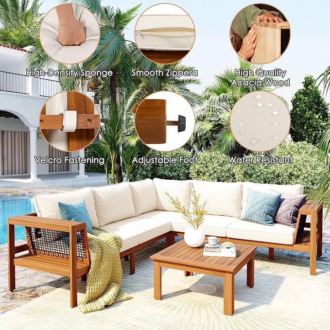 4 Piece Patio Furniture Sofa Set with Coffee Table and Woven Mesh Armrests, L-Shaped Outdoor Acacia Wood Sofa Conversation Set with Gray Cushions and Side Table, Beige Cushion