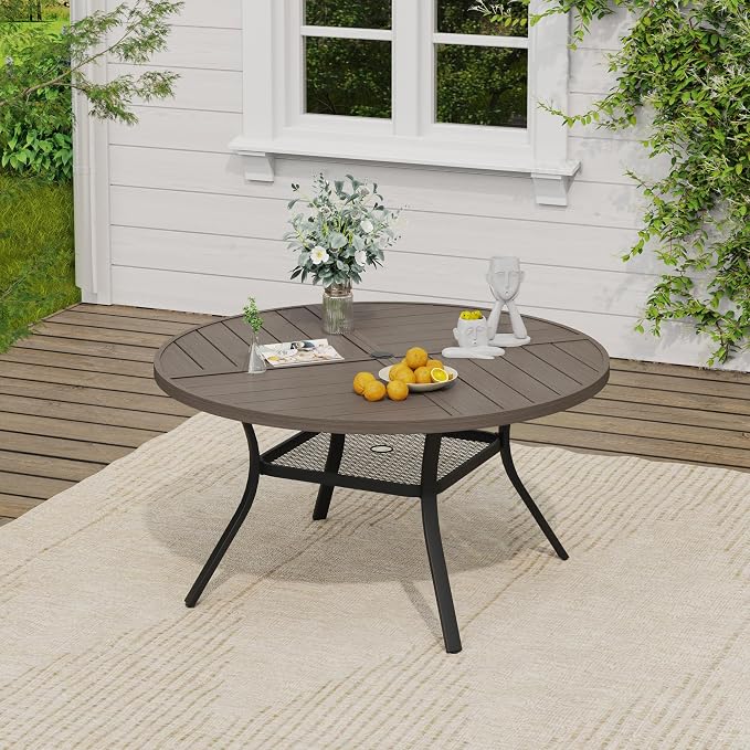 VICLLAX 47.2" Round Outdoor Table, Patio Dining Table for 6 with Umbrella Hole for Garden Lawn Deck Backyard, Antique Grey