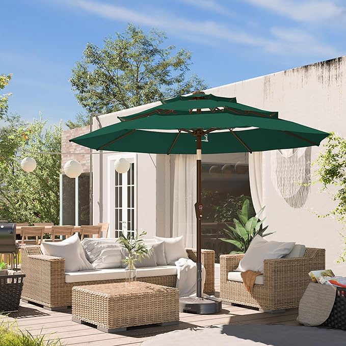 Ayge 9FT 3-Tier Large Outdoor Patio Umbrella Market Table Umbrella-UV Resistant,Easy Push Button Tilt and Crank,8 Sturdy Fiberglass Ribs Heavy-Duty Pool Umbrella for Deck,Backyard,Garden,Yard,Green