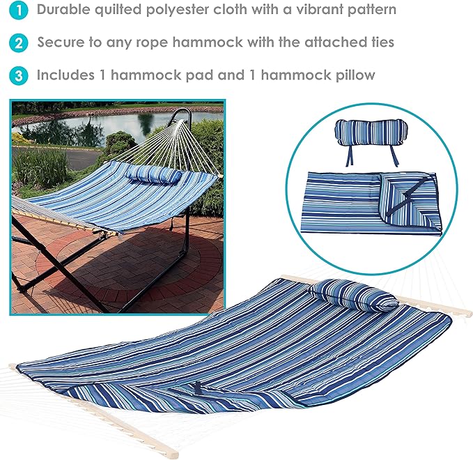 Sunnydaze Brown 450 lb Capacity Cotton Rope Hammock and Breakwater Stripe Polyester Quilted Hammock Pad and Pillow Set