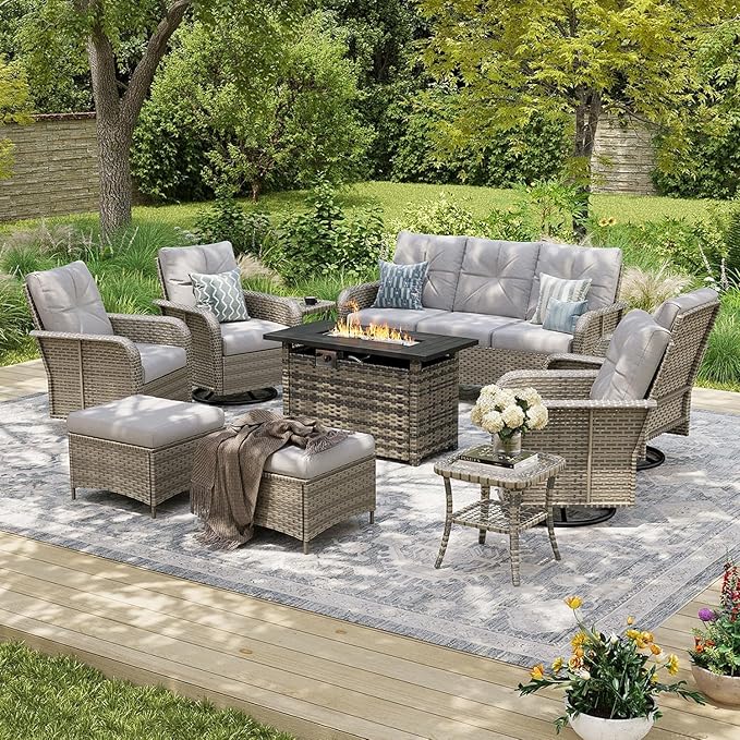 Aoxun 10-Piece Patio Furniture Set with 44'' Fire Pit Table, Luxury Outdoor Furniture Set with 360° Swivel Chairs, Patio Conversation Set for Backyard, Poolside & Garden, Beige/Gray