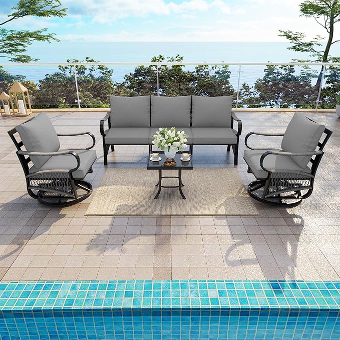 4 Pieces Outdoor Furniture Set, Patio Conversation Set with Swivel Rocking Chairs Sets and 3-Seater Couch Sofa for Deck, Porch, Garden, Backyard, Poolside (Gray Cushions)