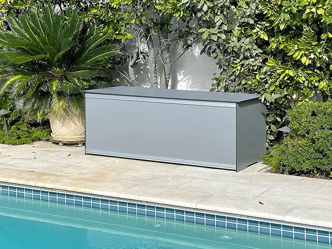 Foreman Waterproof Deck Box - made from Compact Laminate and Anodized Aluminum. Includes a Dark Grey Outdoor Seat Cushion and a Graphite colored All Weather Nylon cover, (Grey)