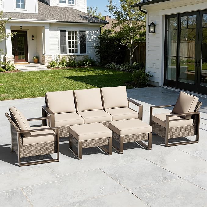 5 Pieces Metal Wicker Patio Furniture Set - 75" Sofa, Two Armchairs and Two Ottomans, All Weather Rattan Outdoor Conversation Furniture with Washable Cushion for Deck Porch, Beige
